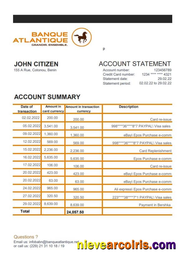 Benin Banque Atlantique bank statement